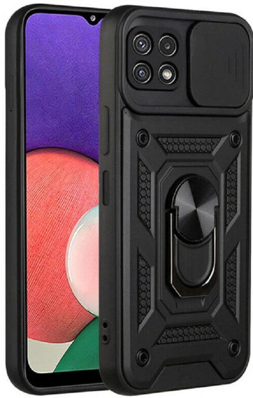 Bodycell Armor Slide - Ανθεκτική Θήκη Samsung Galaxy A22 5G με Κάλυμμα για την Κάμερα & Μεταλλικό Ring Holder - Black (5206015004155)