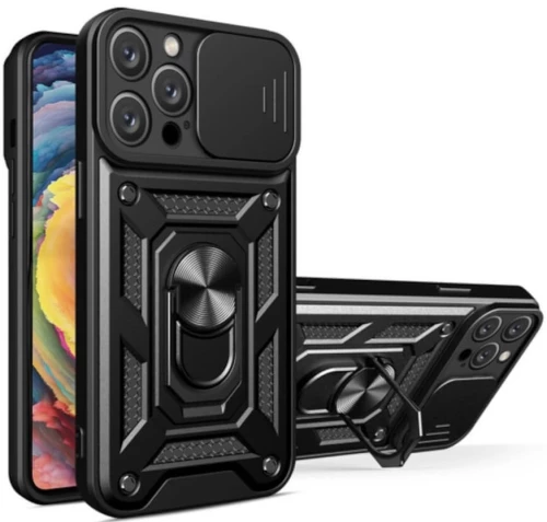 Bodycell Armor Slide - Ανθεκτική Θήκη Apple iPhone 15 Pro με Κάλυμμα για την Κάμερα & Μεταλλικό Ring Holder - Black (5206015072536)
