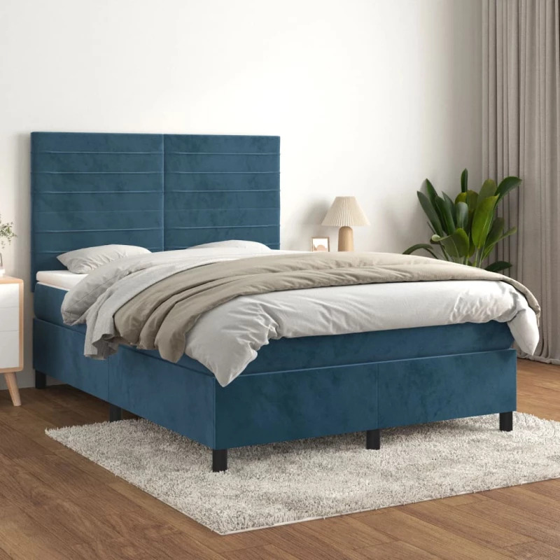 Κρεβάτι Boxspring με Στρώμα Σκούρο Μπλε 140x190 εκ. Βελούδινο Μπλε 3143083