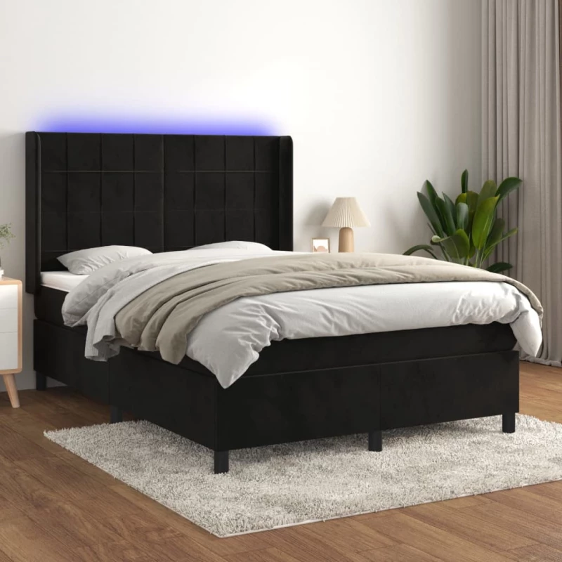 Κρεβάτι Boxspring με Στρώμα & LED Μαύρο 140x190 εκ. Βελούδινο Μαύρο 3139561