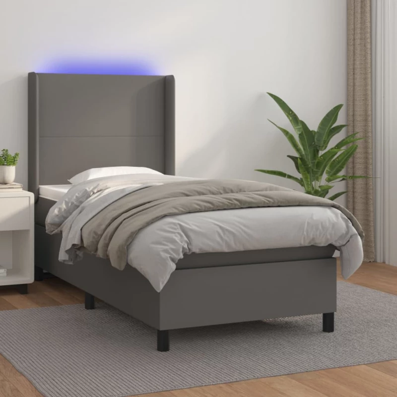 Κρεβάτι Boxspring με Στρώμα & LED Γκρι 90x190 εκ. Συνθ. Δέρμα Γκρι 3139239
