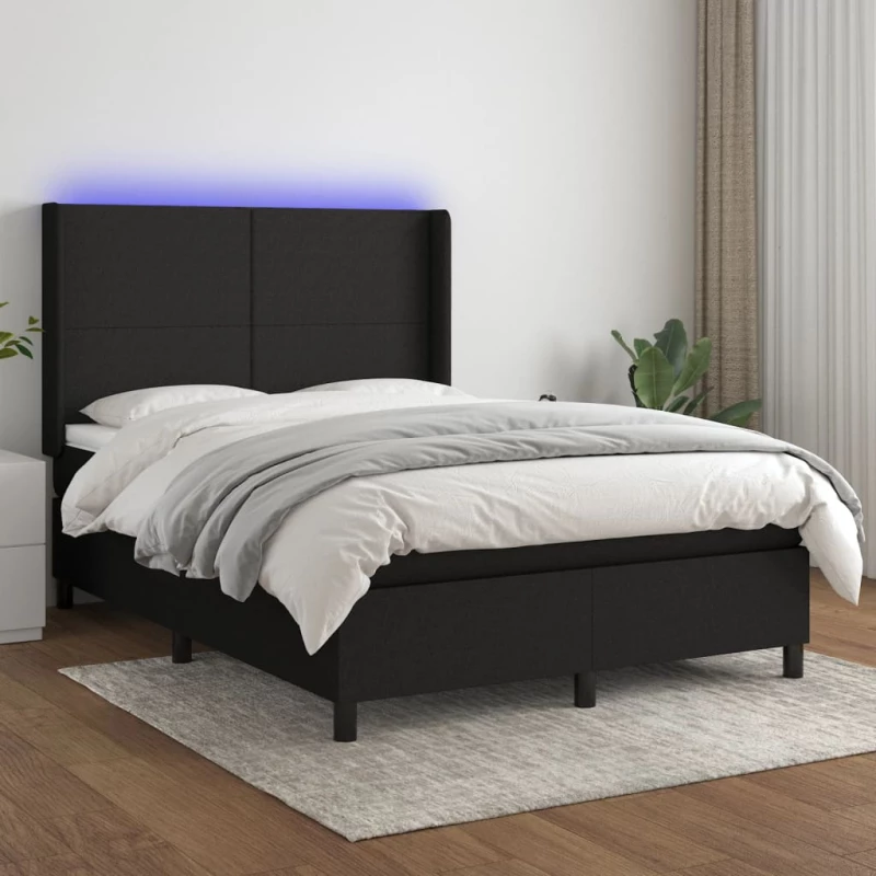 Κρεβάτι Boxspring με Στρώμα & LED Μαύρο 140x190 εκ. Υφασμάτινο Μαύρο 3138151