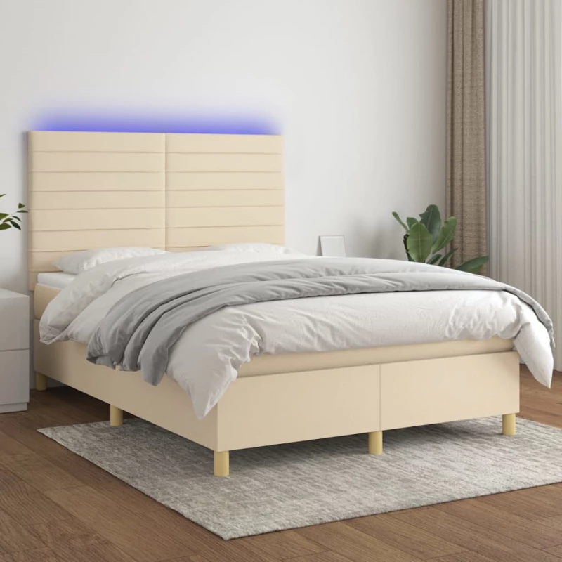 Κρεβάτι Boxspring με Στρώμα & LED Κρεμ 140x190 εκ. Υφασμάτινο Κρεμ 3135514