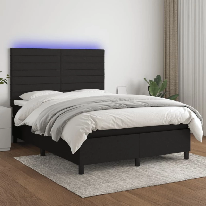 Κρεβάτι Boxspring με Στρώμα & LED Μαύρο 140x190 εκ. Υφασμάτινο Μαύρο 3134951