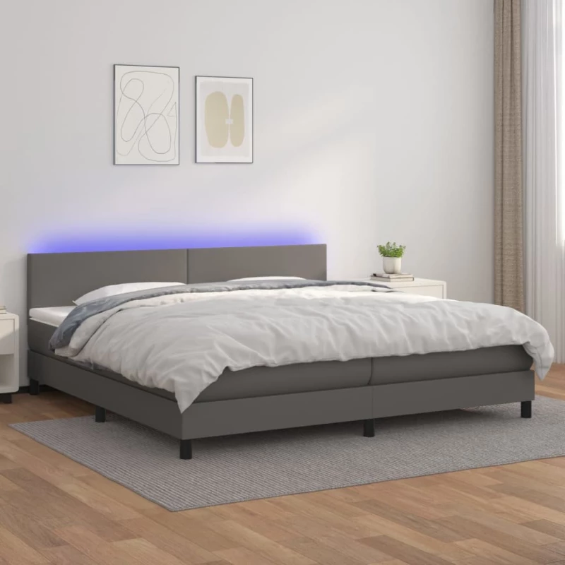 Κρεβάτι Boxspring με Στρώμα & LED Γκρι 200x200 εκ. Συνθ. Δέρμα Γκρι 3134127
