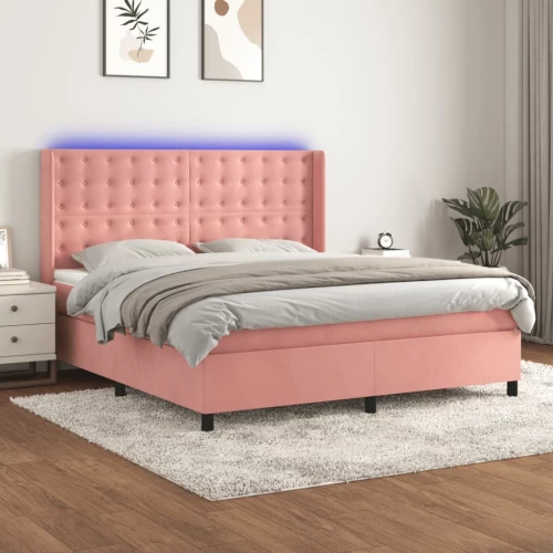 Κρεβάτι Boxspring με Στρώμα & LED Ροζ 180x200 εκ. Βελούδινο Ροζ 3139822