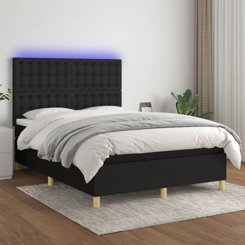 Κρεβάτι Boxspring με Στρώμα & LED Μαύρο 140x190 εκ. Υφασμάτινο Μαύρο 3135751