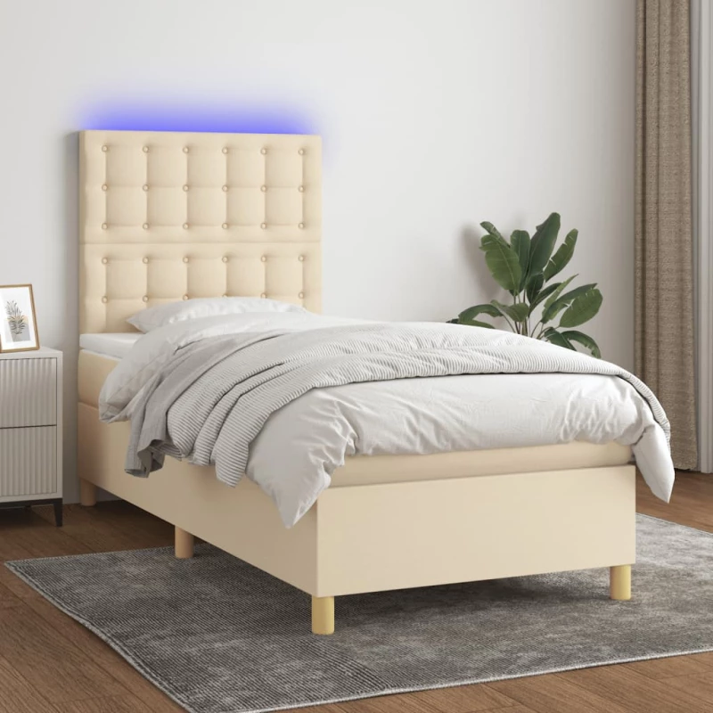 Κρεβάτι Boxspring με Στρώμα & LED Κρεμ 100x200 εκ. Υφασμάτινο Κρεμ 3135738