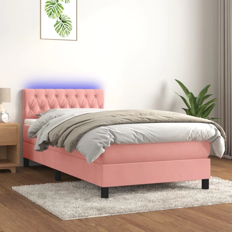 Κρεβάτι Boxspring με Στρώμα & LED Ροζ 100x200 εκ. Βελούδινο Ροζ 3134572