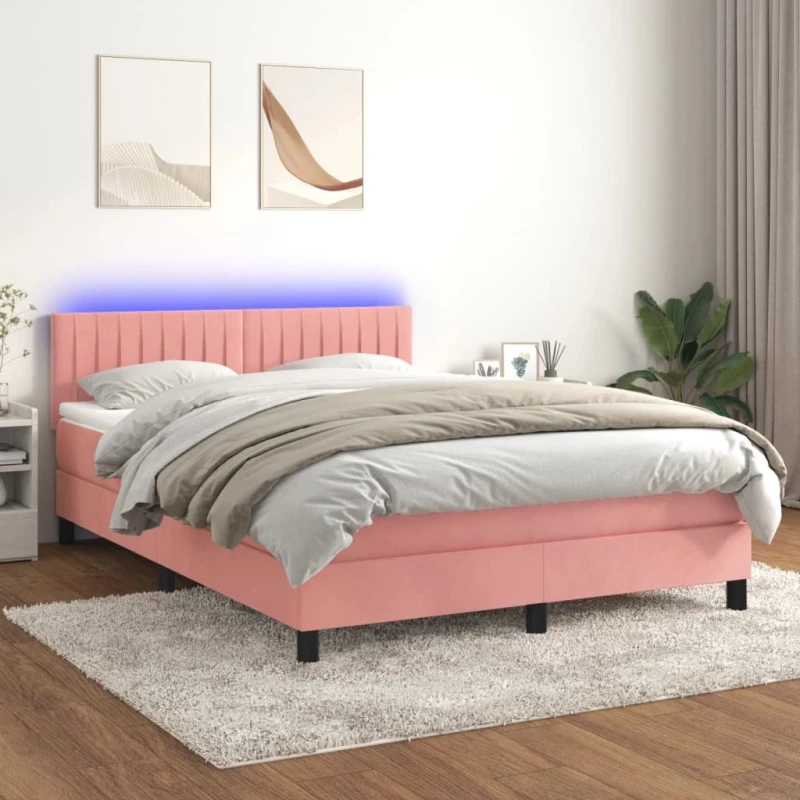 Κρεβάτι Boxspring με Στρώμα & LED Ροζ 140x190 εκ. Βελούδινο Ροζ 3134524