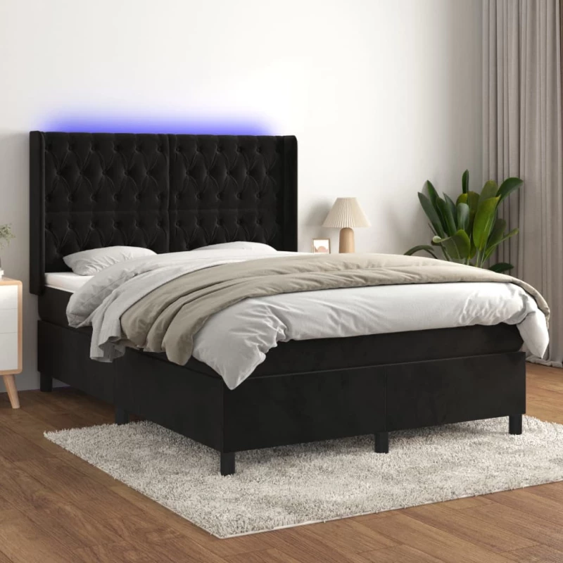 Κρεβάτι Boxspring με Στρώμα & LED Μαύρο 140x190 εκ. Βελούδινο Μαύρο 3139741