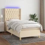 Κρεβάτι Boxspring με Στρώμα & LED Κρεμ 90x200 εκ. Υφασμάτινο Κρεμ 3139090