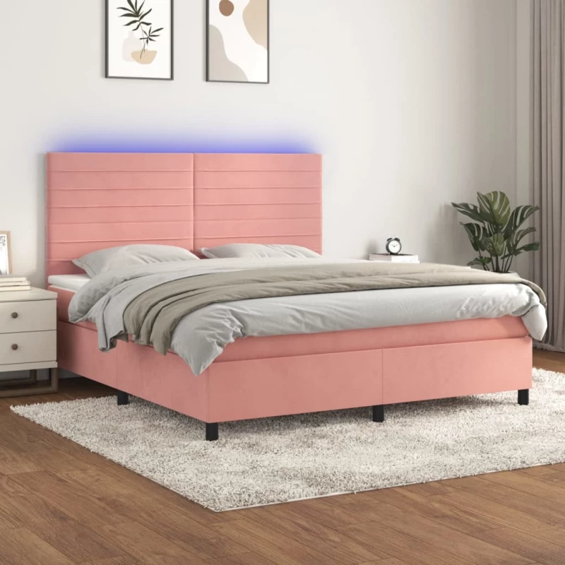 Κρεβάτι Boxspring με Στρώμα & LED Ροζ 160x200 εκ. Βελούδινο Ροζ 3136196