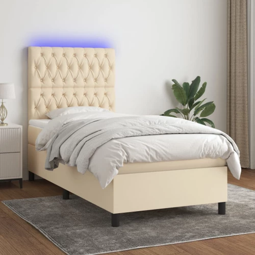 Κρεβάτι Boxspring με Στρώμα & LED Κρεμ 90x190 εκ. Υφασμάτινο Κρεμ 3135082