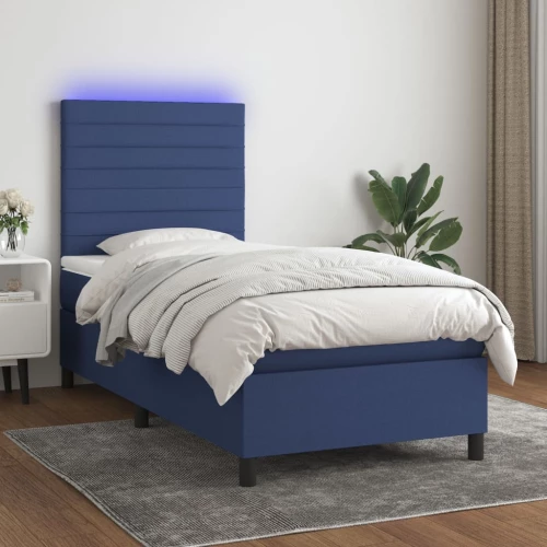 Κρεβάτι Boxspring με Στρώμα & LED Μπλε 90x190 εκ. Υφασμάτινο Μπλε 3134923