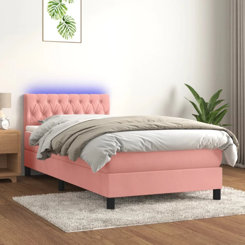 Κρεβάτι Boxspring με Στρώμα & LED Ροζ 90x190 εκ. Βελούδινο Ροζ 3134560