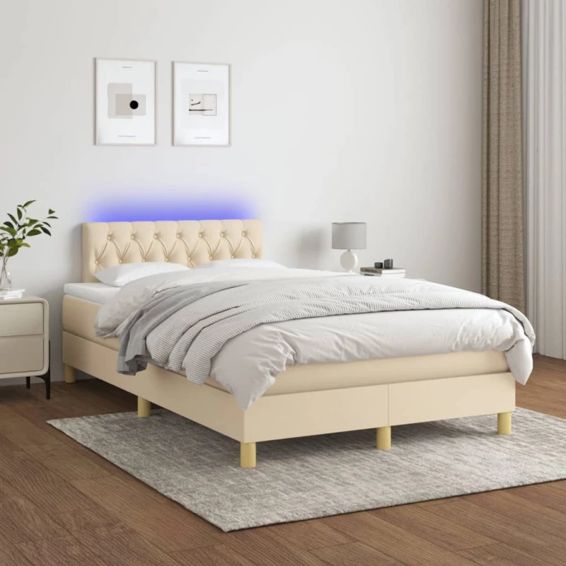 Κρεβάτι Boxspring με Στρώμα & LED Κρεμ 120x200 εκ. Υφασμάτινο Κρεμ 3133946