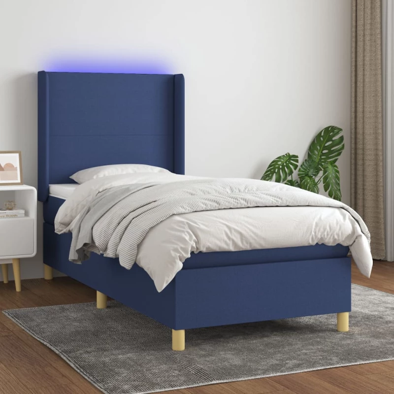 Κρεβάτι Boxspring με Στρώμα & LED Μπλε 90x190 εκ. Υφασμάτινο Μπλε 3138683