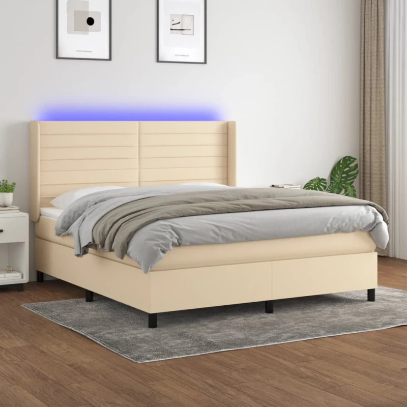 Κρεβάτι Boxspring με Στρώμα & LED Κρεμ 180x200 εκ. Υφασμάτινο Κρεμ 3138418
