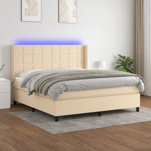Κρεβάτι Boxspring με Στρώμα & LED Κρεμ 160x200 εκ. Υφασμάτινο Κρεμ 3138330