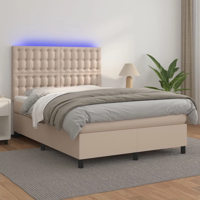 Κρεβάτι Boxspring Στρώμα&LED Καπουτσίνο 140x200 εκ. Συνθ. Δέρμα Καφέ 3135950