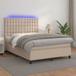Κρεβάτι Boxspring Στρώμα&LED Καπουτσίνο 140x200 εκ. Συνθ. Δέρμα Καφέ 3135950