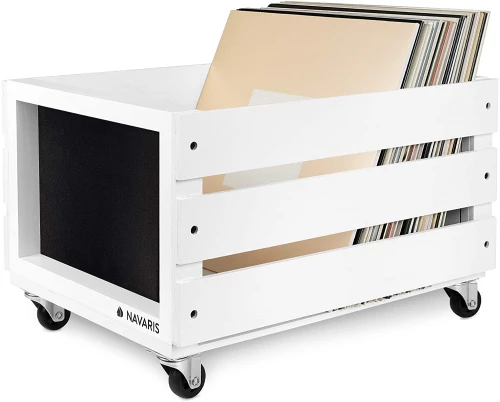 Navaris Wooden Record Box with Chalkboard - Ξύλινο Κουτί Αποθήκευσης με Ροδάκια και Μαυροπίνακα για Δίσκους Βινυλίου / LP - White (53026.02.02)