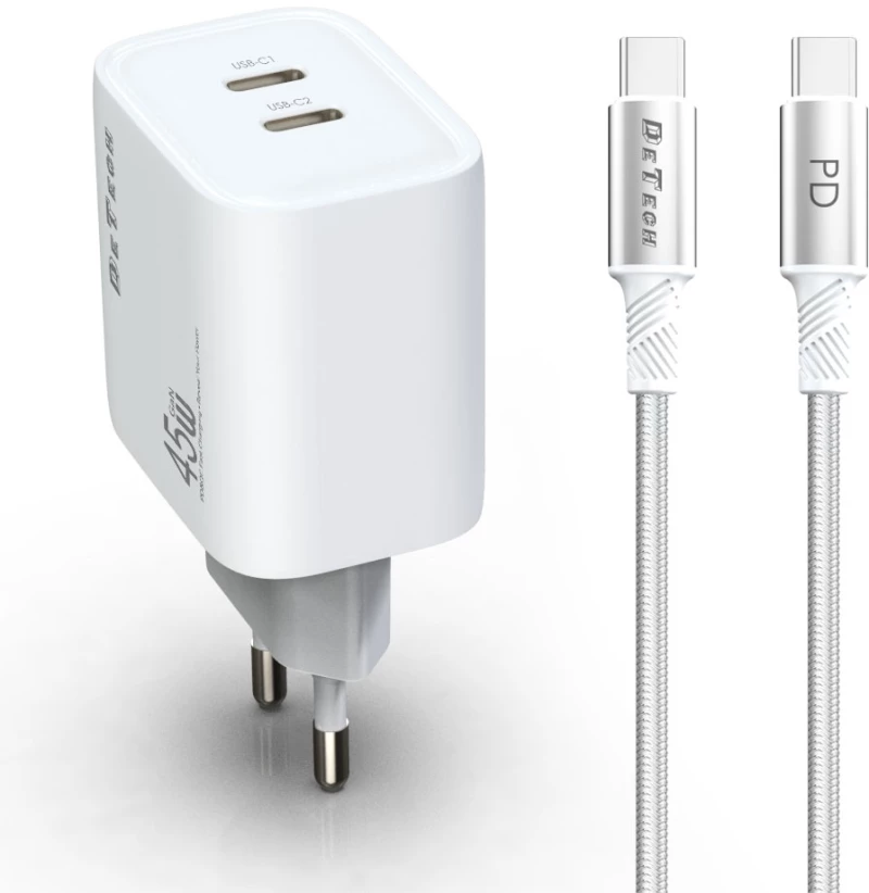 Φορτιστής δικτύου DeTech DE-PD, 45W, GaN, 2 x Type-C F, Καλώδιο Type-C, PD, λευκό - 40341