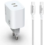 Φορτιστής δικτύου DeTech DE-PD, 45W, GaN, 2 x Type-C F, Καλώδιο Type-C, PD, λευκό - 40341