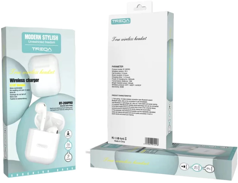 Treqa BT-200Pro Earbud Bluetooth Handsfree Ασύρματα Ακουστικά με Θήκη Φόρτισης - Wireless headset 017076