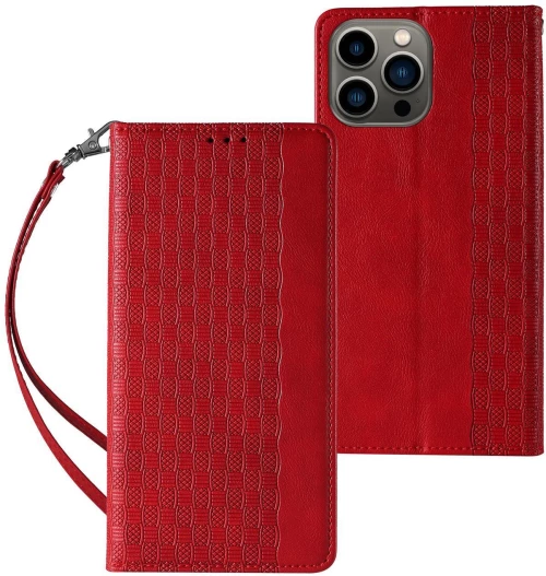 Magnet Strap Case iPhone 14 Plus Case with Flip Wallet Mini Lanyard Stand Red
