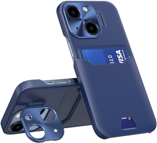 Leather Stand Case case for iPhone 14 Plus cover card wallet with stand blue