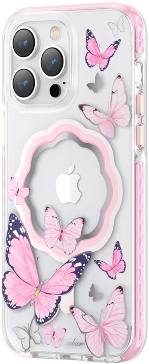 Kingxbar Butterfly Series magnetic case for iPhone 14 Plus MagSafe case with butterflies pink