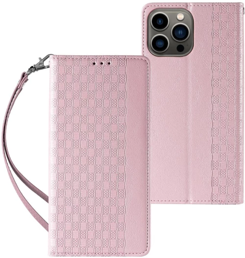Magnet Strap Case Case for iPhone 14 Plus Flip Wallet Mini Lanyard Stand Pink