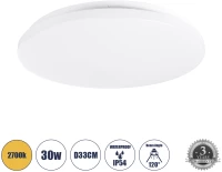 GloboStar® CELANO 61010 LED Πλαφονιέρα Οροφής Στρόγγυλη Φ33 30W 2700lm 120° AC 220-240V Αδιάβροχη IP54 Φ33 x Υ6cm Θερμό Λευκό 2700K -