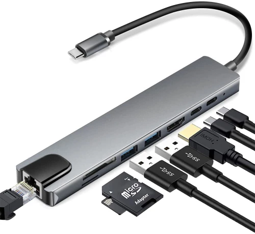 NSP N14 8 IN 1 USB-C HUB TYPE C TO HDMI 4K 30HZ/2 USB 480Mbps/PD 87W/USB C/F / SD/TF USB 2.0 /RJ45 100Mbps ALU GREY