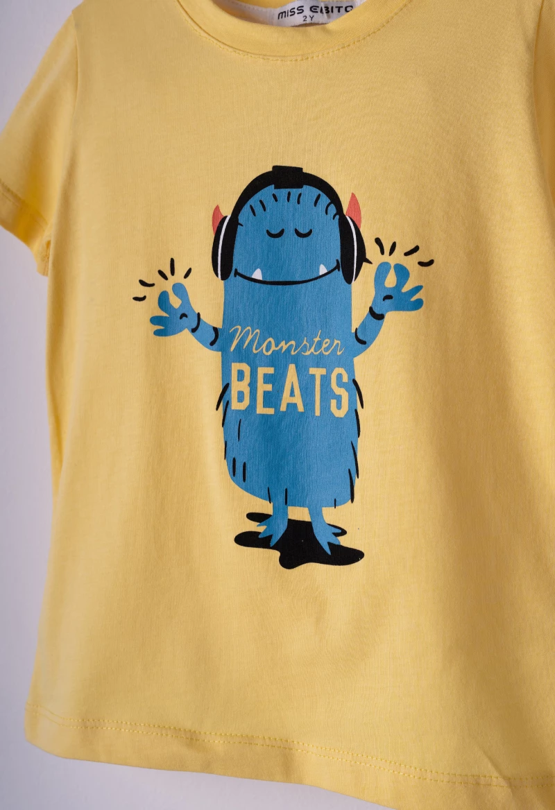 Πυτζάμα με μάσκα ύπνου αγόρι "Monster beats" κίτρινη (Κίτρινο)