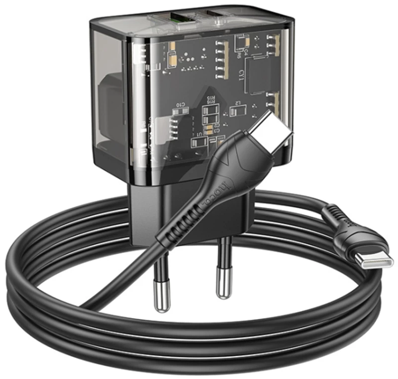 Hoco USB Charger, Type-C, QC3.0, 20W + Type-C Cable, 1m - Hoco Dazzling (N34) - Transparent Black 6931474799180