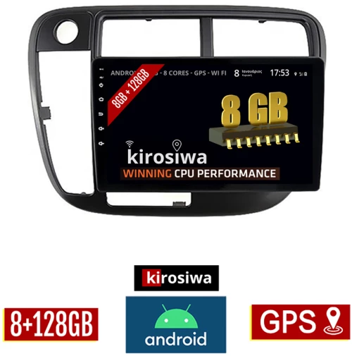 KIROSIWA 8GB + 128GB HONDA CIVIC (1996 - 2000) CLIMA Android οθόνη αυτοκίνητου με GPS WI-FI (ηχοσύστημα αφής 9" ιντσών Youtube Playstore MP3 USB Radio Bluetooth Mirrorlink DSP Apple Carplay Android Auto 4x60W, AUX)