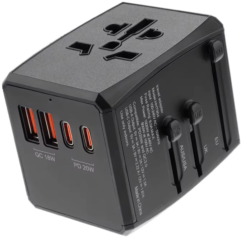 Techsuit - Travel Adapter (HHT904) - PD20W, 2 x USB, 2 xType-C, EU, UK, AUS, US - Black
