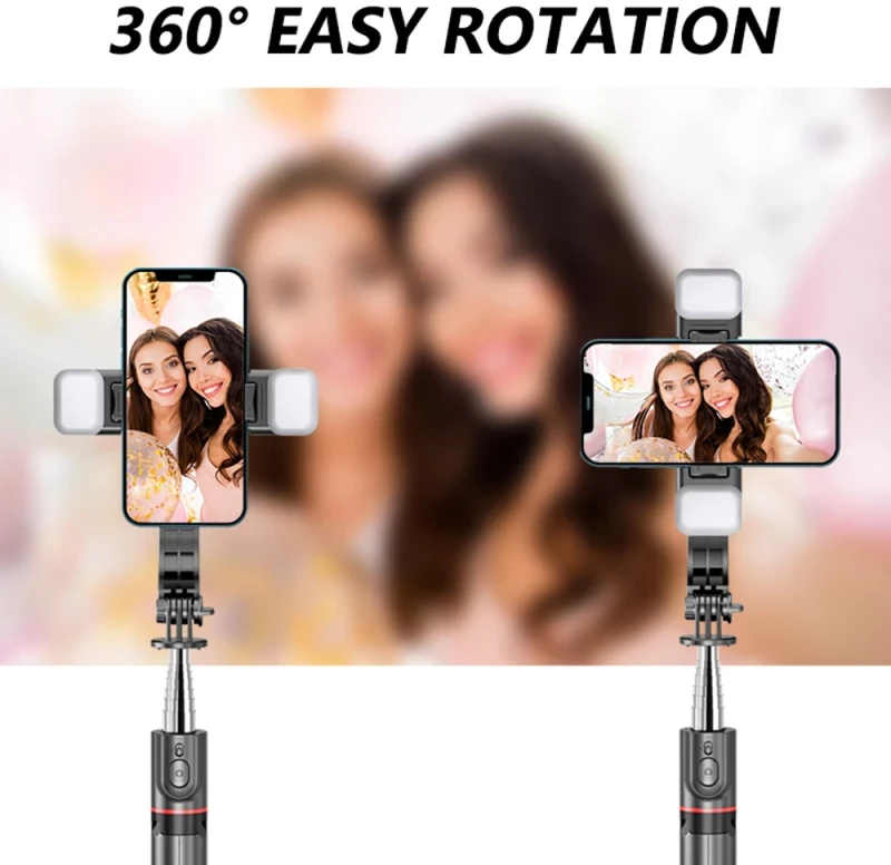 Techsuit - Selfie Stick (L13d) - Stable Tripod with Double Fill Light, Bluetooth Remote Control, 360, 116cm - Black
