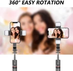 Techsuit - Selfie Stick (L13d) - Stable Tripod with Double Fill Light, Bluetooth Remote Control, 360, 116cm - Black