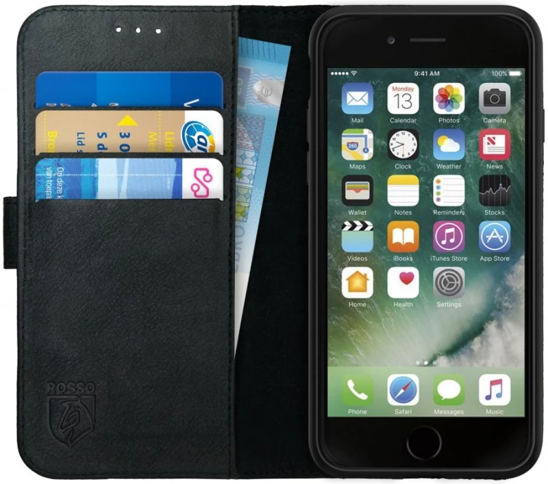 Rosso Deluxe Δερμάτινη Θήκη Πορτοφόλι Apple iPhone 6S / 6 - Black (8719246126369)