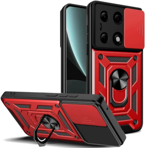 Ανθεκτική Θήκη με Κάλυμμα για την Κάμερα & Μεταλλικό Ring Holder - Xiaomi Redmi Note 13 Pro 4G / Poco M6 Pro 4G - Bodycell Armor Slide - Red (5206015074806)