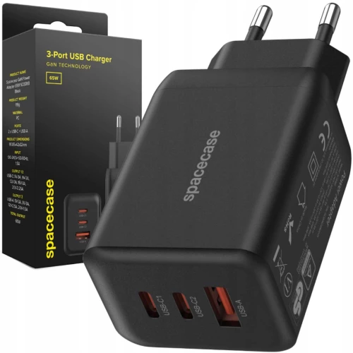 Spacecase SC008B 3-Port GaN USB Charger - Ταχυφορτιστής Ταξιδιού / Αντάπτορας με 1 x USB-A / 2 x Type-C - 65W - Black (5905719109257)