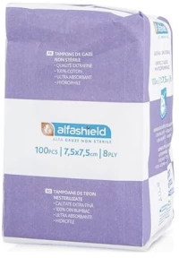 ALFA GAUZE Alfashield Μη Αποστειρωμένη Γάζα 8 Στρώσεων 7,5x7,5 13 Κλωστών, 100τμχ.