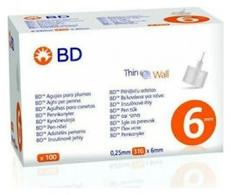 B-D BD Thin Wall Αποστειρωμένες Βελόνες για Πένες Ινσουλίνης 31GX6MM, 100Tμχ
