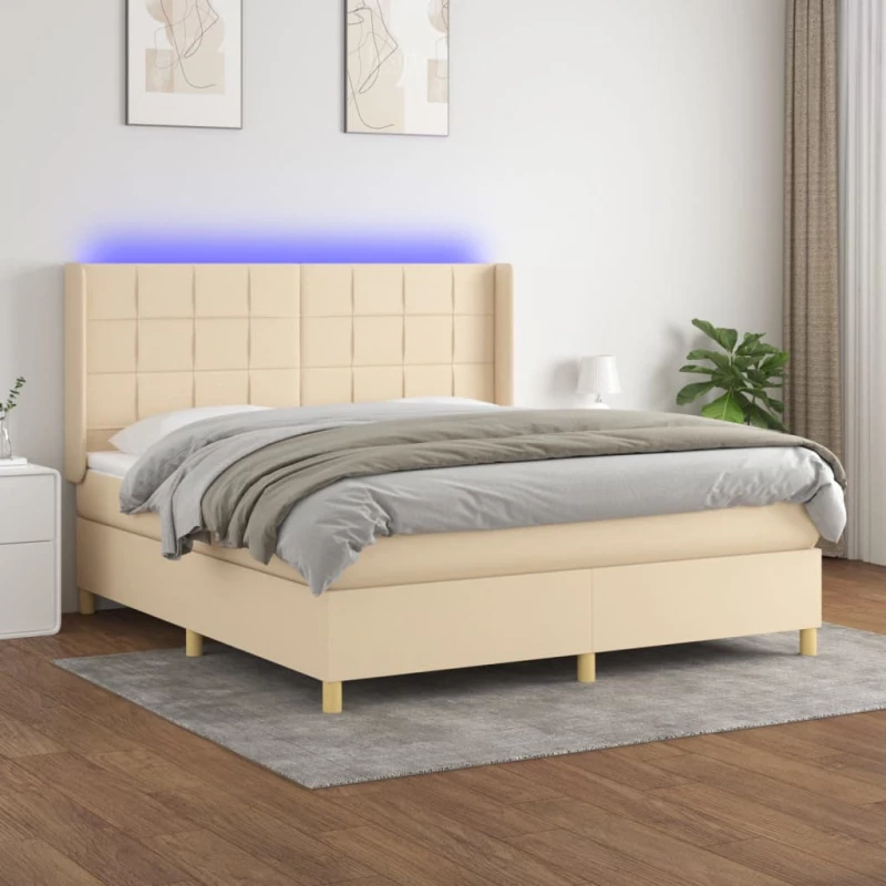 Κρεβάτι Boxspring με Στρώμα & LED Κρεμ 180x200 εκ. Υφασμάτινο Κρεμ 3138898