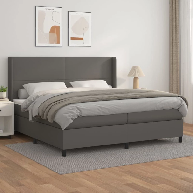 Κρεβάτι Boxspring με Στρώμα Γκρι 200x200 εκ. Συνθετικό Δέρμα Γκρι 3132403