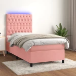 Κρεβάτι Boxspring με Στρώμα & LED Ροζ 90x190 εκ. Βελούδινο Ροζ 3136280